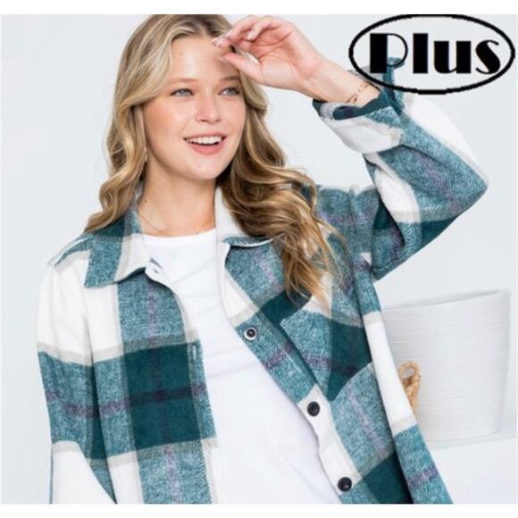 NEW 1X FLANNEL SHACKET JACKET Button Woven Twill Green White Purple Plaid NWT - Picture 3 of 5